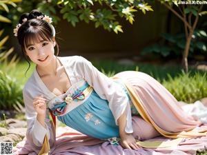 A woman in a blue and white dress standing in a garden.