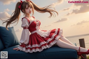 a woman in a red and white dress sitting on a window sill