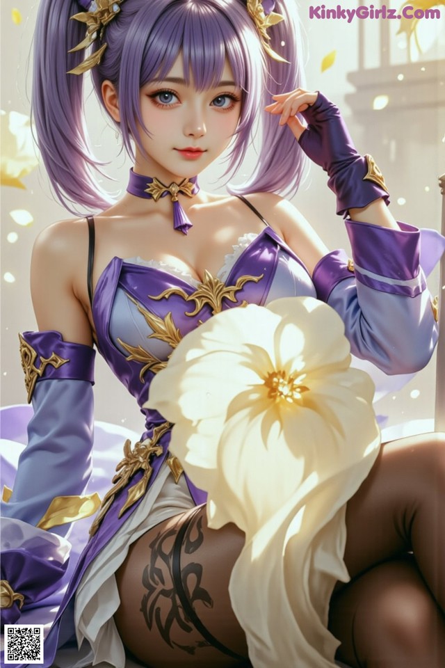Hentai - Sovereign of Lightning in Exquisite Garb Set.2 20250126 Part 14 No.603259 A woman in a purple dress holding a white flower.