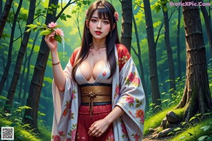 A woman in a blue kimono is playing with a dildo.
