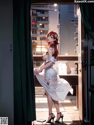 A woman in a white dress holding a white fan.