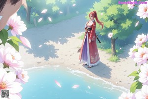 A woman in traditional attire holds a sword, standing amidst cherry blossoms.