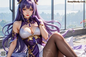 A woman in a purple outfit sitting on a tree branch.