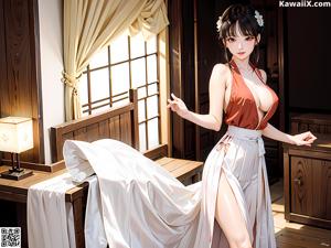 A woman in a kimono standing in front of a door.
