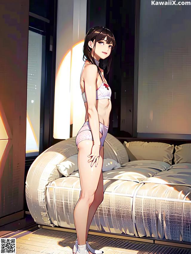 A woman in a bikini standing in front of a bed.