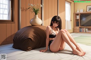 Anime girl in a school uniform posing naked on a bed.