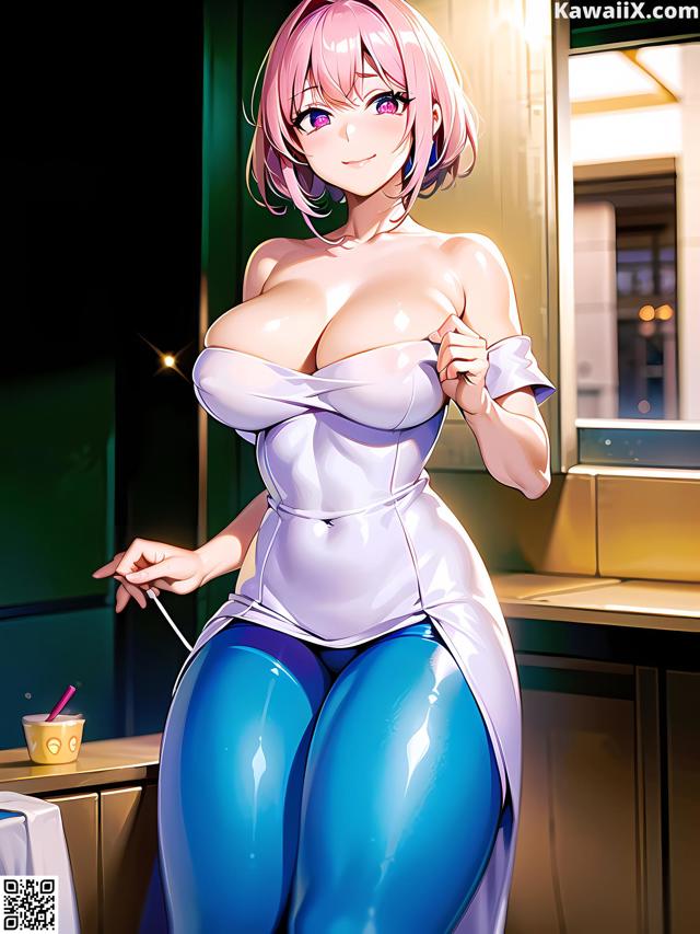 Hentai - 华彩繁花 Set 2 20230602 Part 3 No.ad3333 A woman in a white shirt and blue leggings standing in a kitchen.