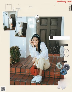 A magazine spread with a woman in a white sweater and jeans.