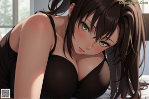 Anime girl in a black bikini sitting on a bed.