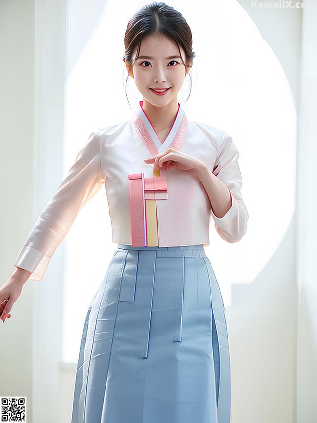 A woman in a white shirt and blue skirt posing for a picture.