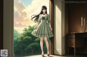 A woman in a red and white dress sitting on a window sill.