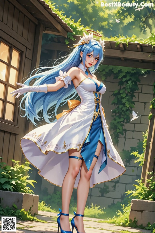 Hentai - Captivating Grace of the Cosmic Maiden Set.2 20250125 Part 10 No.cc95a6 A woman with long blue hair wearing a white dress and blue shoes.