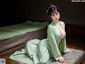 A woman in a green robe sitting on a bed.