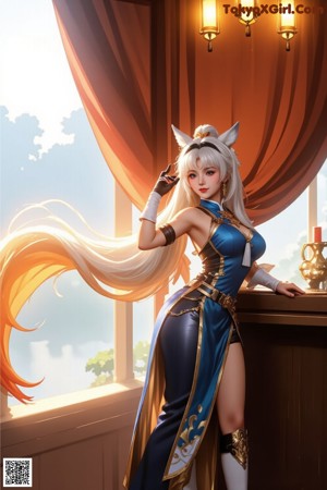 A woman with long white hair wearing a black outfit.