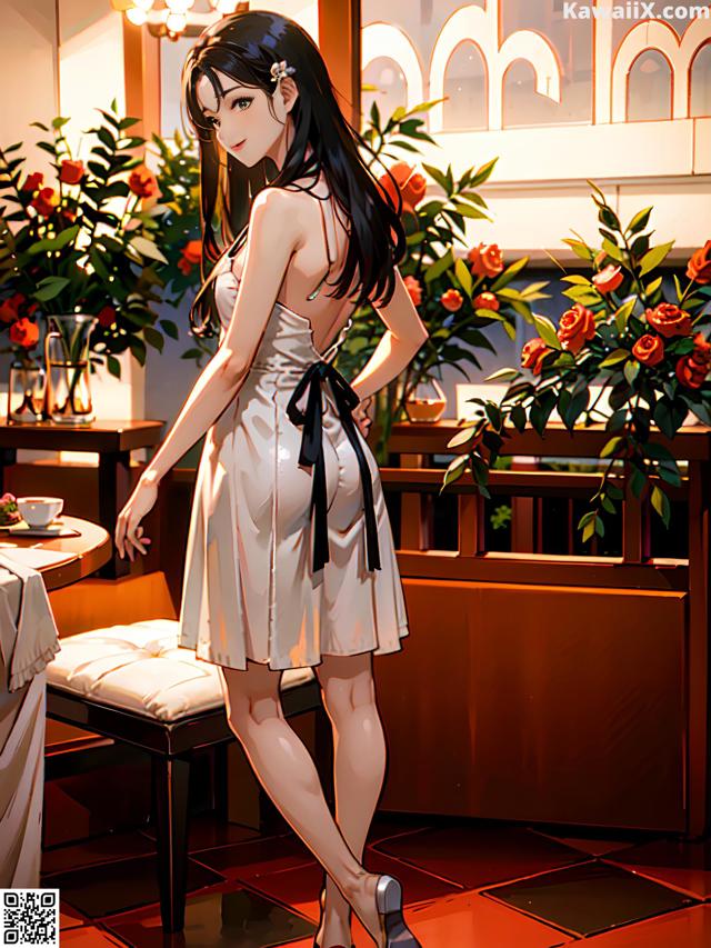 A woman in a white dress standing in a restaurant.