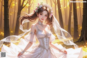 A woman in a wedding dress walking through a forest.