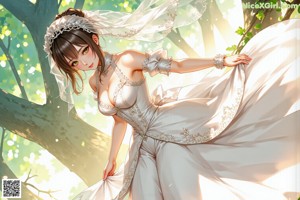 A woman in a wedding dress standing in the woods.