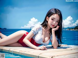 A woman in a white bikini posing on a bed.