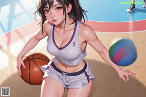 A girl in a blue and red uniform holding a basketball.