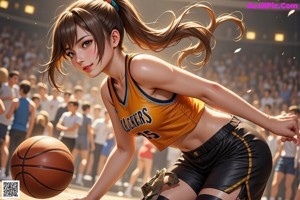 A girl in a blue and red uniform holding a basketball.