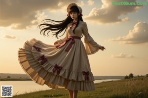 A girl in a pink and white dress is walking down the street.