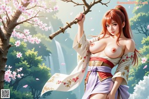 A woman in traditional attire stands by a door with cherry blossoms.