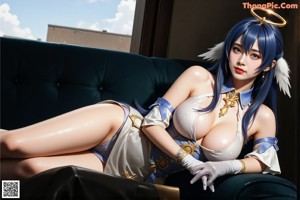 a nude anime girl with blue hair and a blue dress