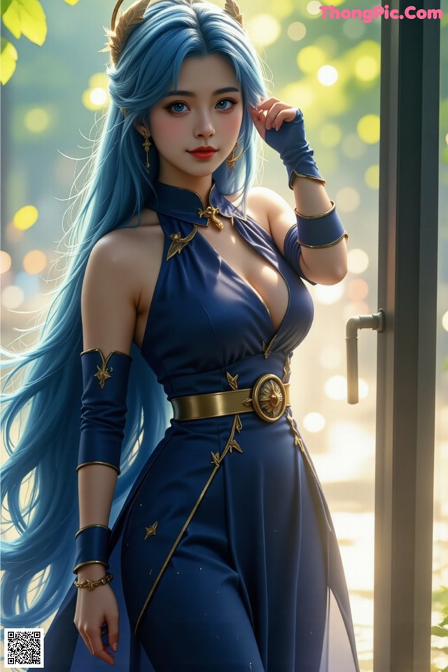 A woman with long blue hair wearing a blue dress.