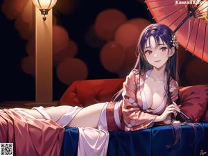 A woman in a purple kimono holding a red umbrella.