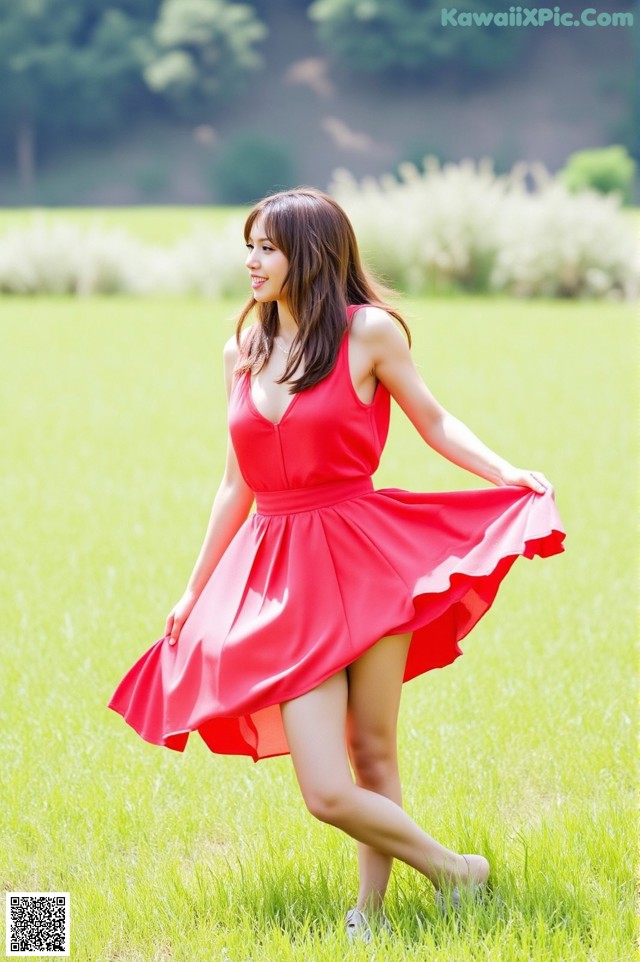 A woman in a red dress is walking in a field.