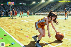 A woman holding a basketball in front of a crowd of people.