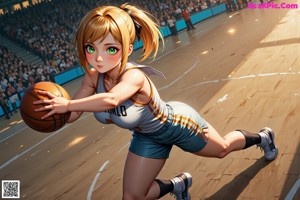 A woman in a basketball uniform dribbling a basketball in front of a crowd.