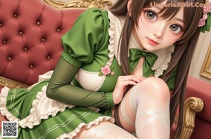 A girl in a green dress sitting on a bed.