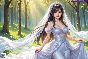 A woman in a wedding dress walking down a path in the woods.