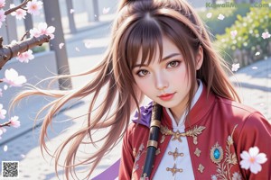 A woman in traditional attire with flowers and cherry blossoms.