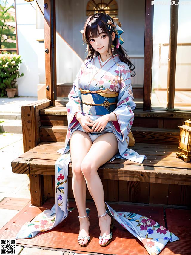 A woman in a kimono sitting on a wooden bench.