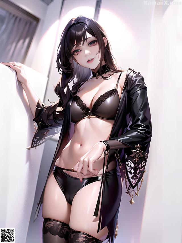 A woman in a black lingerie leaning against a wall.