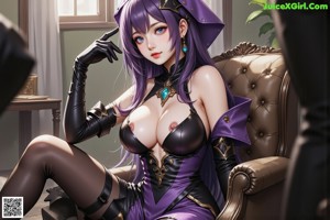 A woman in a purple and black outfit sitting on a window sill.