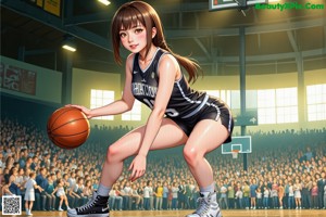 A woman in a basketball uniform holding a basketball on a court.