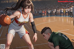 A girl in a basketball uniform crouching on the ground with a basketball.