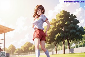 A girl in a white dress standing on a soccer field.