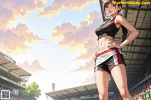 A girl in a white dress standing on a soccer field.