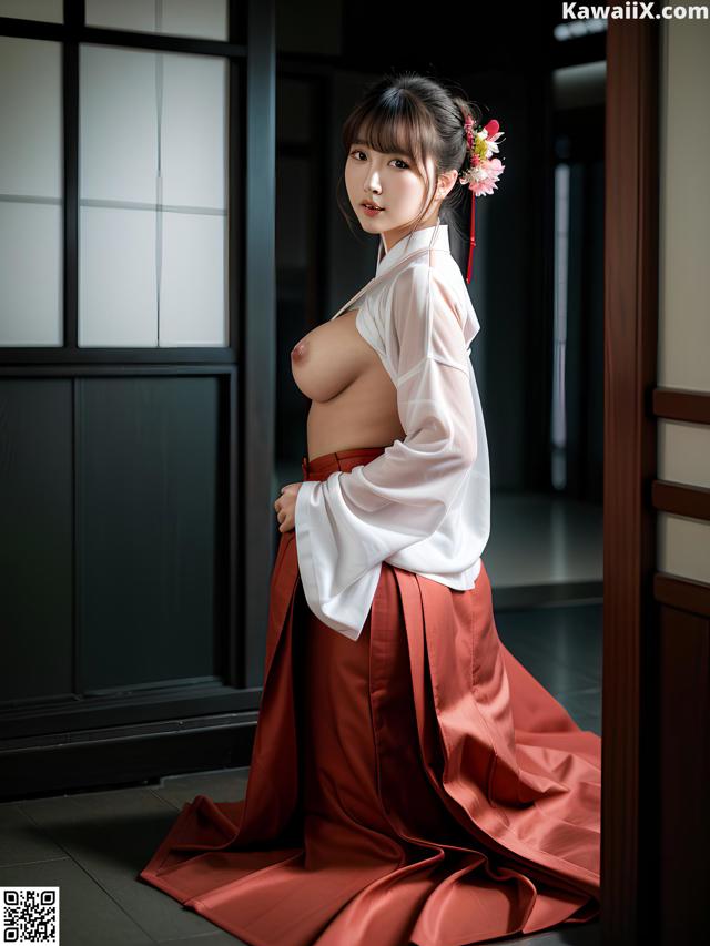 A woman in a red and white kimono posing for a picture.