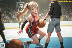 A girl in a basketball uniform dribbling a basketball on a court.