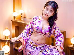 A woman in a pink kimono posing for a picture.